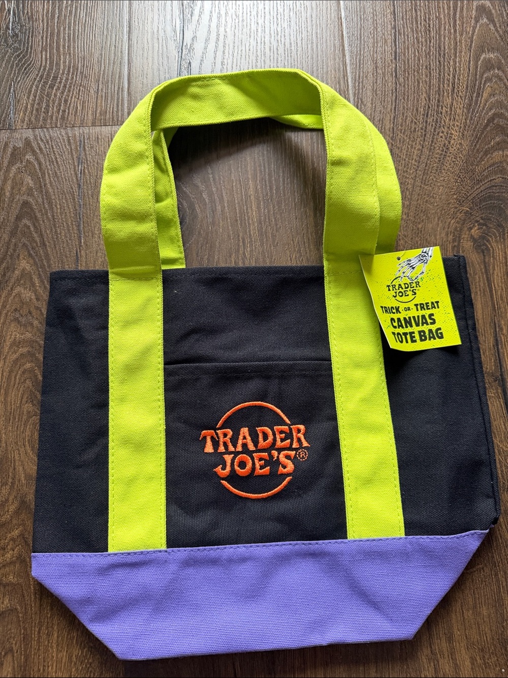 Trader Joe's Black Canvas Tote with Lime Handles and Purple Base